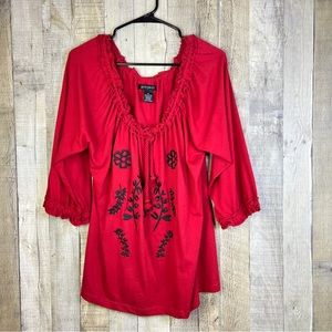 Project Size Medium Red Tunic 3/4 Sleeves Rope Tie Neckline Black embroi…